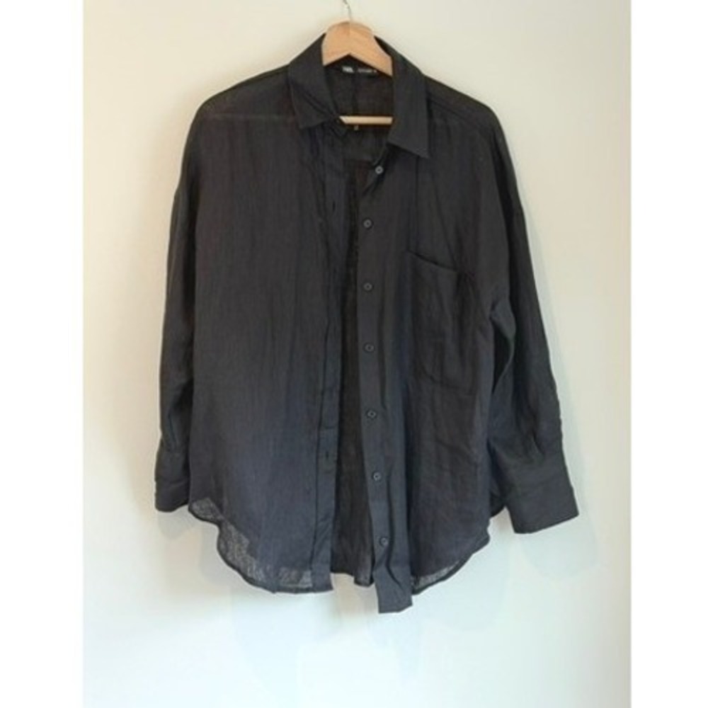 Zara Womens Black Linen Long Sleeve Button-Front Shirt, Lightweight, Relaxed, S